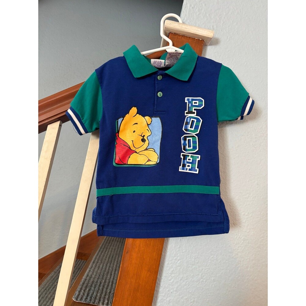 Winnie the Pooh Blue Green Polo Shirt vintage Disney 3t spellout